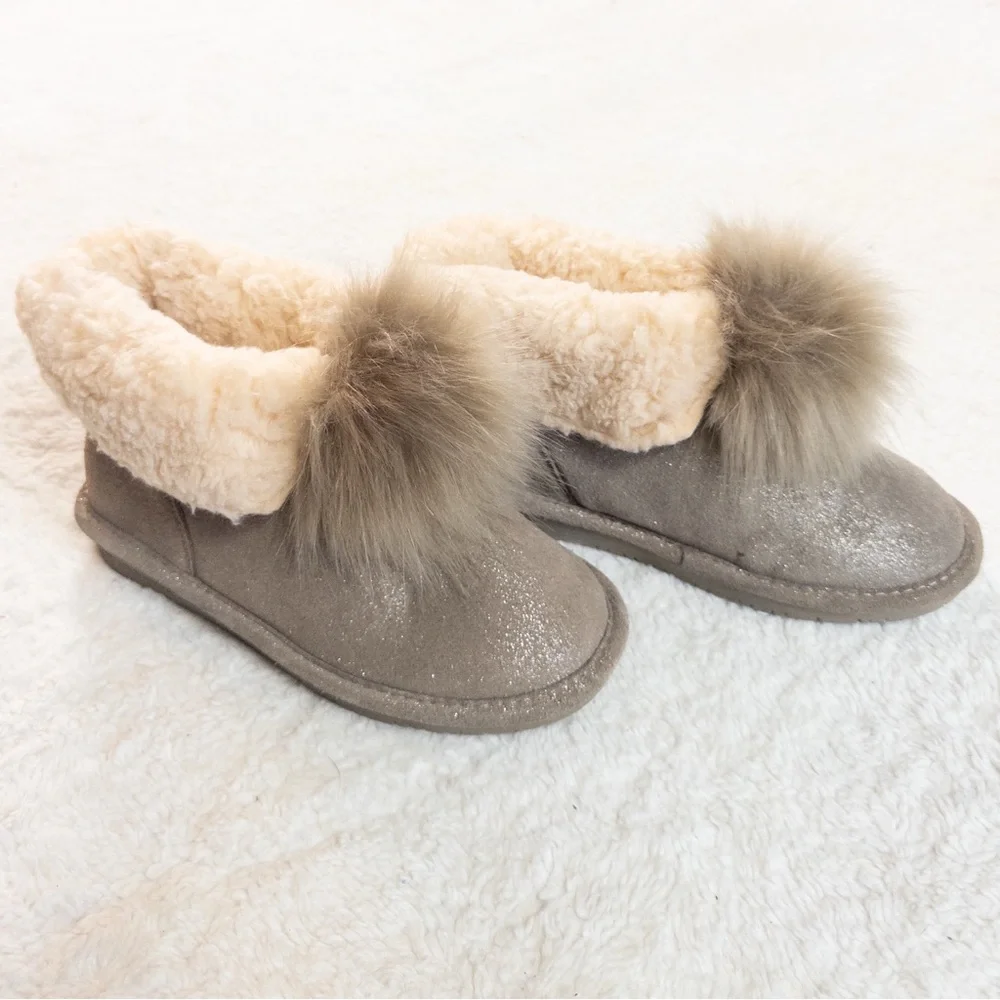 Bearpaw Women’s Size 8 Glitter Suede Boots with Fur Trim & Pom Poms